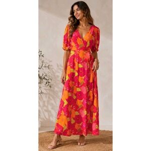 Mixed By Nasrin Maxi Wrap Dress Floral M Tropical Floral Puff Sleeve Maxi Luxury